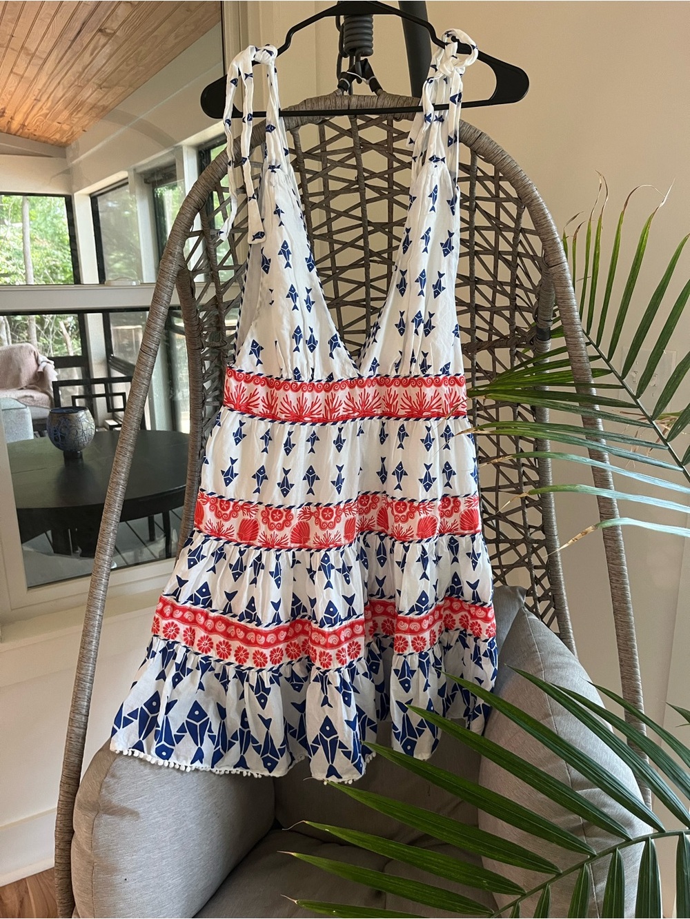 FARM Rio White Mini Dress with Blue Geometric and Red Coral Trim - Picture 4 of 5